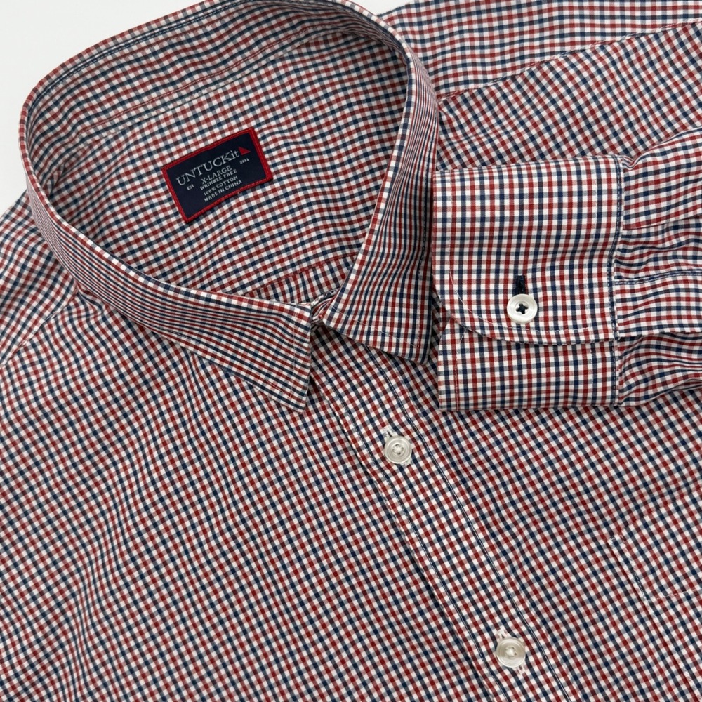 UNTUCKit Mens XL Wrinkle Free Cotton Gingham Button Down Shirt Red White Blue